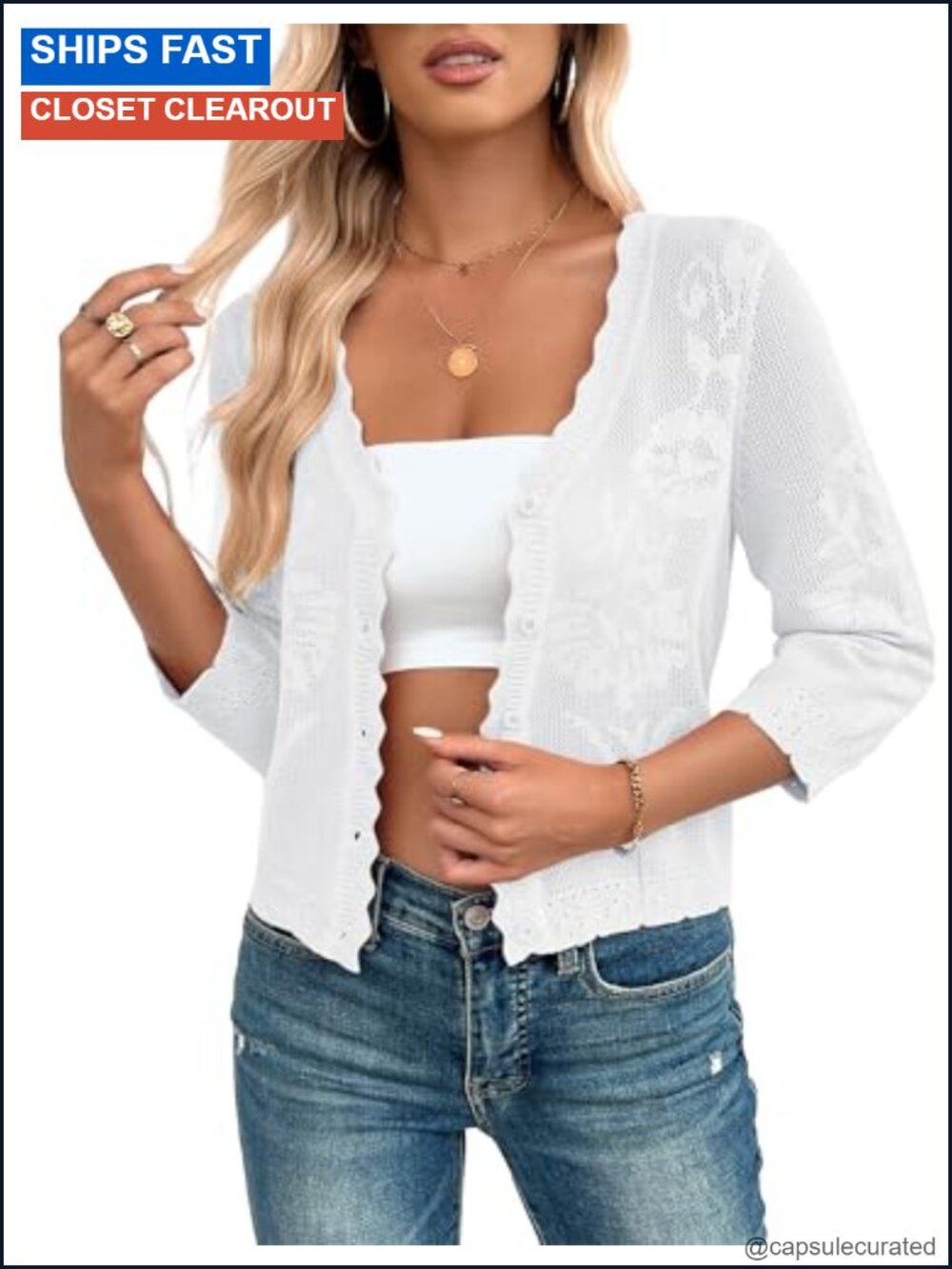 Women Crochet Cropped Cardigan 3/4 Sleeve Button Up Lightweight Shrug